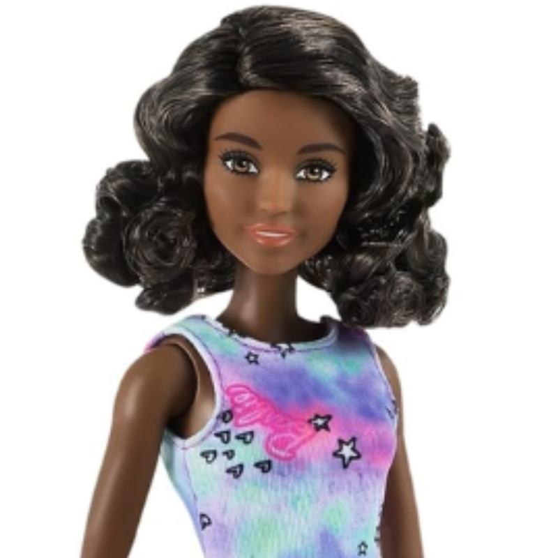Barbie Flower Dress African American Mattel Barbie Flower Dress - A vibrant dress featuring hearts and stars, paired with matching colorful shoes for an extra pop. Her brunette hair is styled in curls for a contemporary look. GVJ98 thumbnail