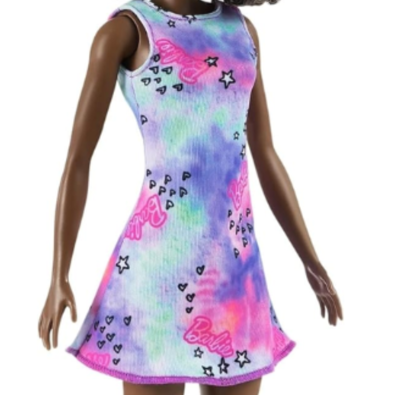 Barbie Flower Dress African American Mattel Barbie Flower Dress - A vibrant dress featuring hearts and stars, paired with matching colorful shoes for an extra pop. Her brunette hair is styled in curls for a contemporary look. GVJ98 thumbnail
