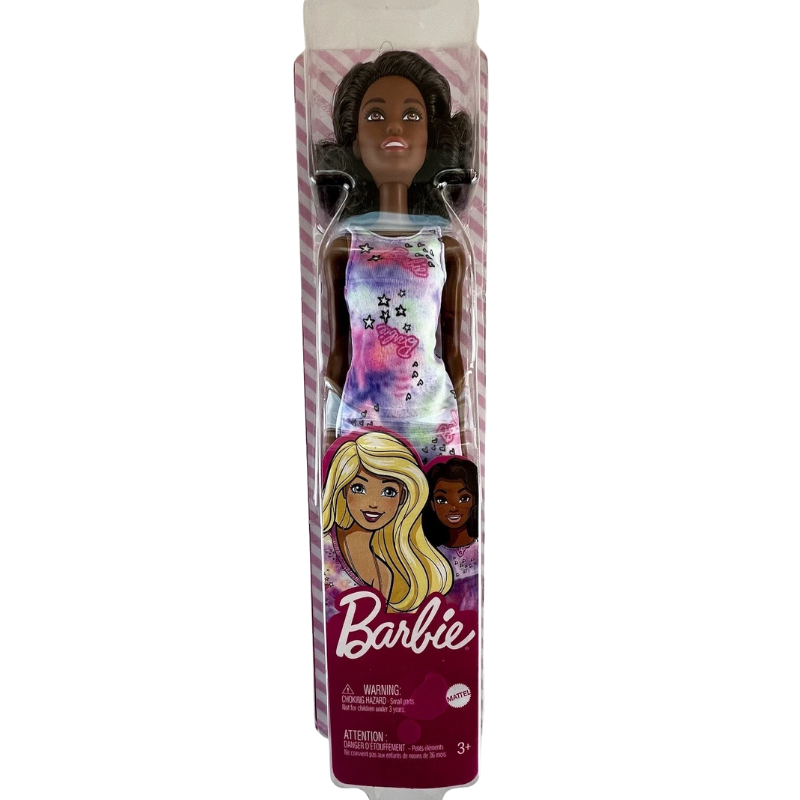 Barbie Flower Dress African American Mattel Barbie Flower Dress - A vibrant dress featuring hearts and stars, paired with matching colorful shoes for an extra pop. Her brunette hair is styled in curls for a contemporary look. GVJ98 thumbnail