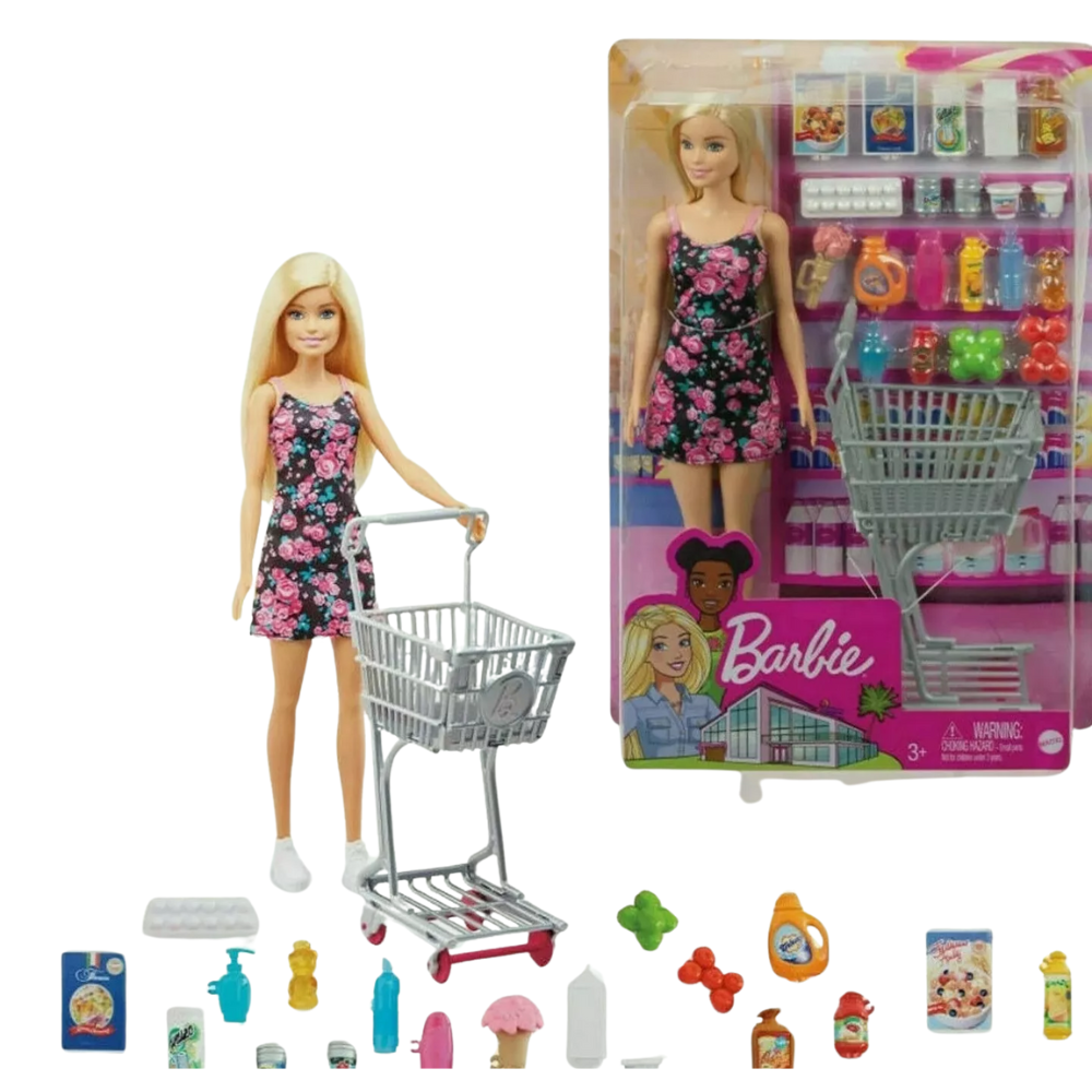 Mattel  Barbie Shopping Time Doll. Join Barbie for a shopping spree! With her blonde hair, blue eyes, and a stylish black dress adorned with pink flowers, along with tall white sneakers, Barbie is all set for summer fun and everyday errands. GTK94 thumbnail