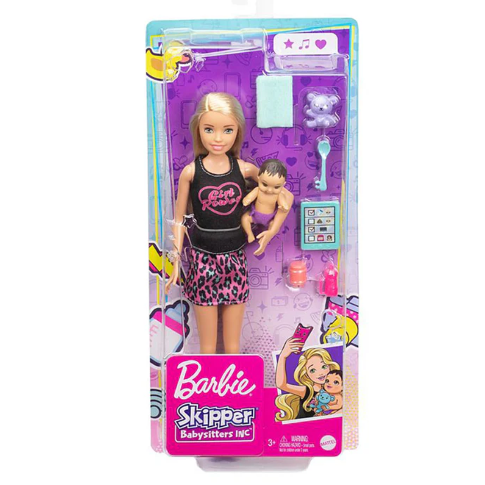 Barbie Skipper Babysitters Inc Dolls And Accessories. This set encourages imaginative role-play as kids step into the role of a babysitter, nurturing the baby doll and boosting creativity and social development. GRP13 thumbnail