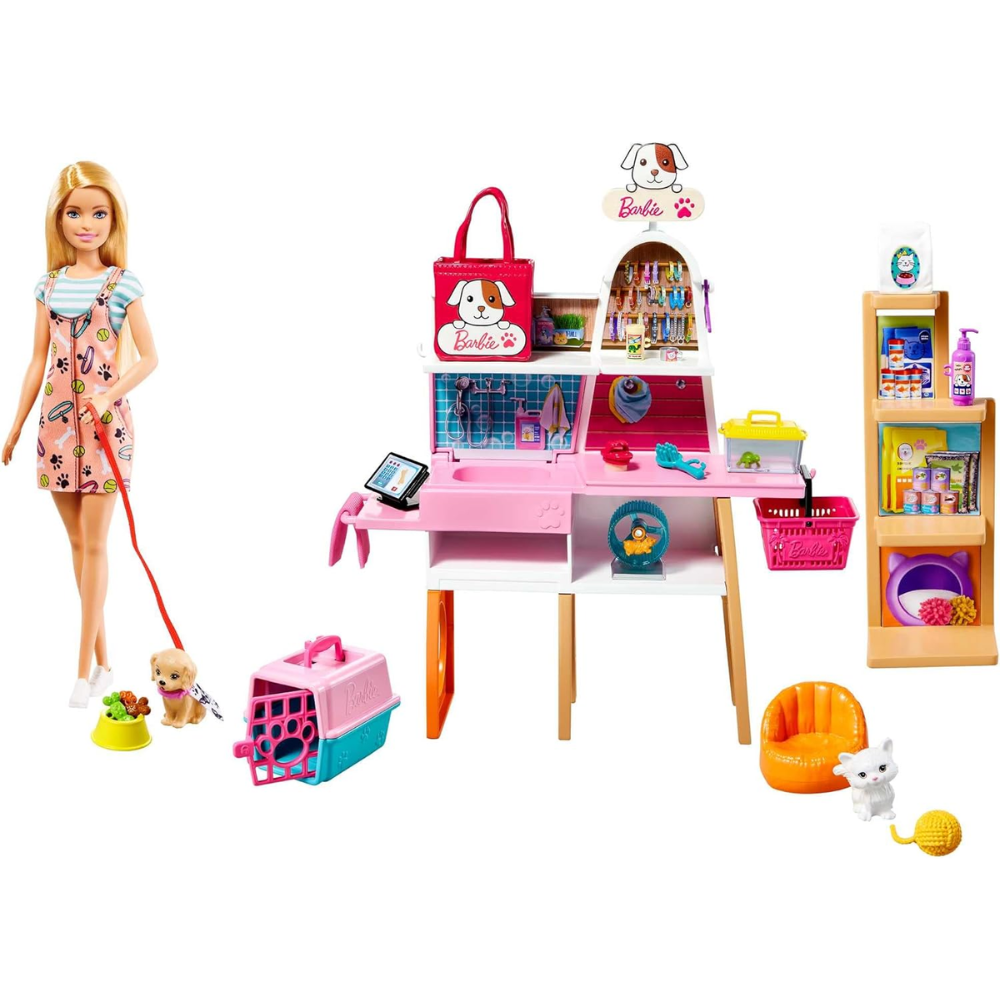Barbie Doll  and Pet Boutique Playset with 4 Pets, Color-Change Grooming. Step into the Barbie pet boutique playset, where kids can assist Barbie doll in caring for her animal companions! GRG90 thumbnail
