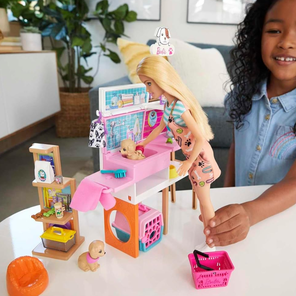 Barbie Doll  and Pet Boutique Playset with 4 Pets, Color-Change Grooming. Step into the Barbie pet boutique playset, where kids can assist Barbie doll in caring for her animal companions! GRG90 thumbnail