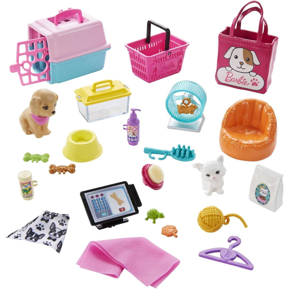 Barbie Doll  and Pet Boutique Playset with 4 Pets, Color-Change Grooming. Step into the Barbie pet boutique playset, where kids can assist Barbie doll in caring for her animal companions! GRG90 thumbnail
