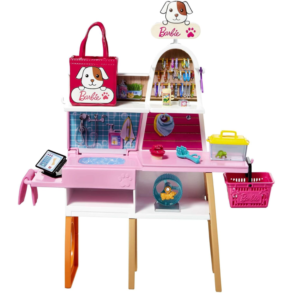 Barbie Doll  and Pet Boutique Playset with 4 Pets, Color-Change Grooming. Step into the Barbie pet boutique playset, where kids can assist Barbie doll in caring for her animal companions! GRG90 thumbnail