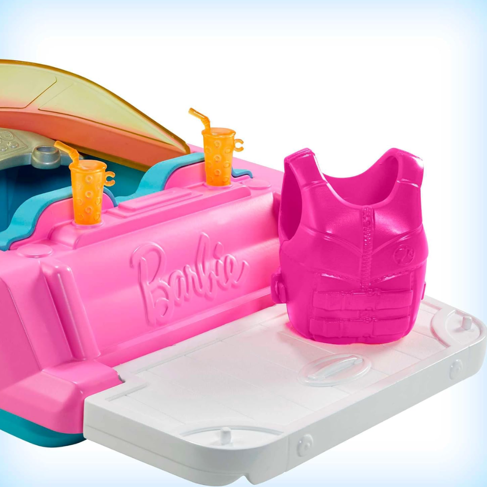 Barbie Doll & Toy Boat Playset with Pet Puppy, Life Vest & Beverage Accessories. This playset features a Barbie doll, boat, and accessories, sparking imaginative role-playing and offering children endless storytelling adventures. GRG30 thumbnail