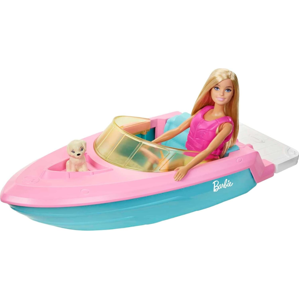 Barbie Doll & Toy Boat Playset with Pet Puppy, Life Vest & Beverage Accessories. This playset features a Barbie doll, boat, and accessories, sparking imaginative role-playing and offering children endless storytelling adventures. GRG30 thumbnail