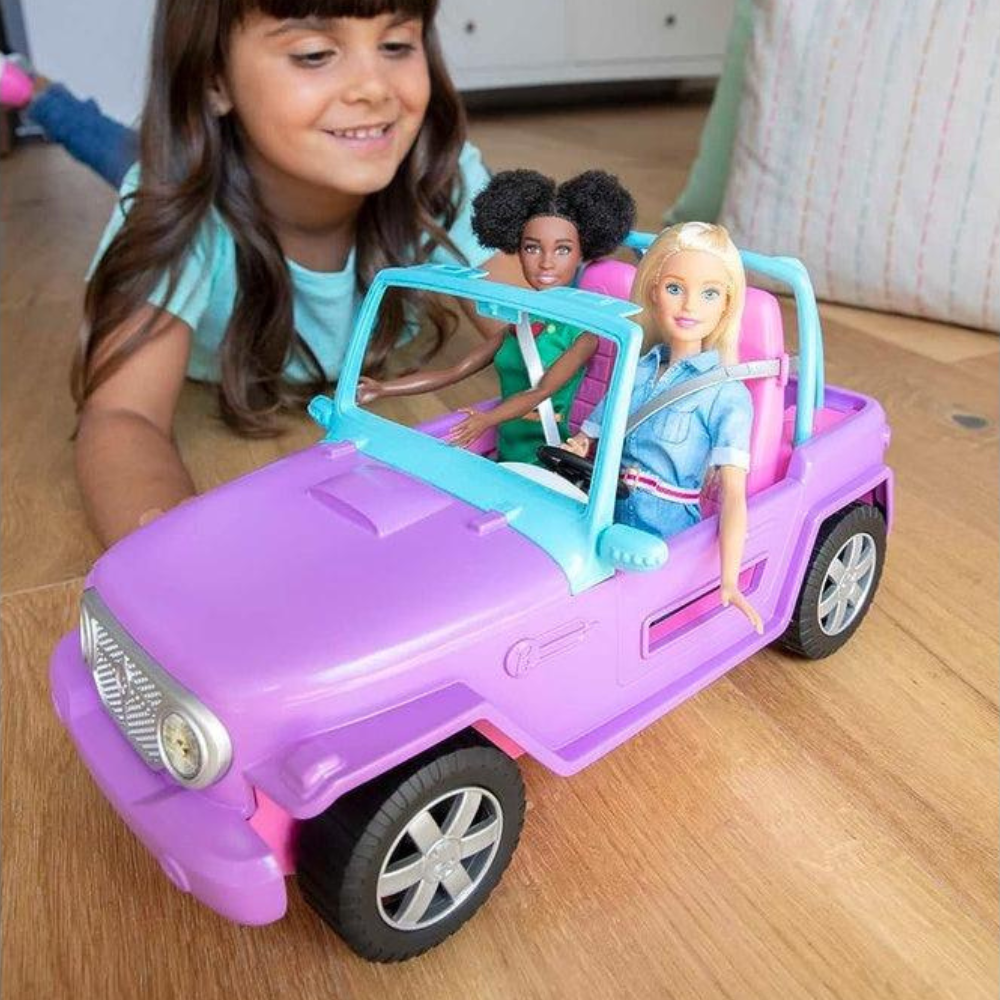 Barbie Toy Car, Purple Off-Road Vehicle. With its bold purple body and stylish pink seats, this Barbie off-road vehicle stands out, encouraging imaginative storytelling and adventure-filled play. GMT46 thumbnail