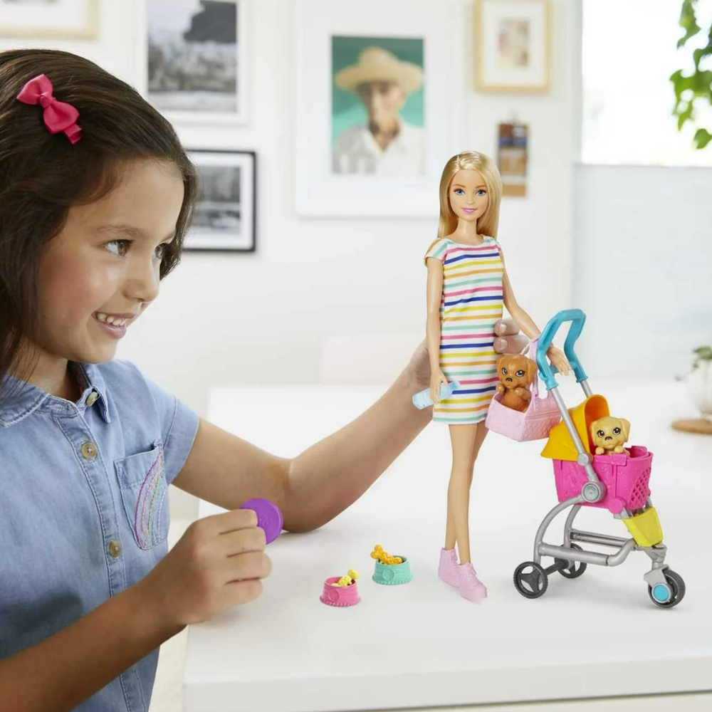 Barbie Stroll and Play Pups Playset with Blonde Barbie Doll 2 Puppies Pet Stroller. Animal lovers can help Barbie doll take her pups on the go with the Barbie Stroll 'n Play Pups playset GHV92 thumbnail