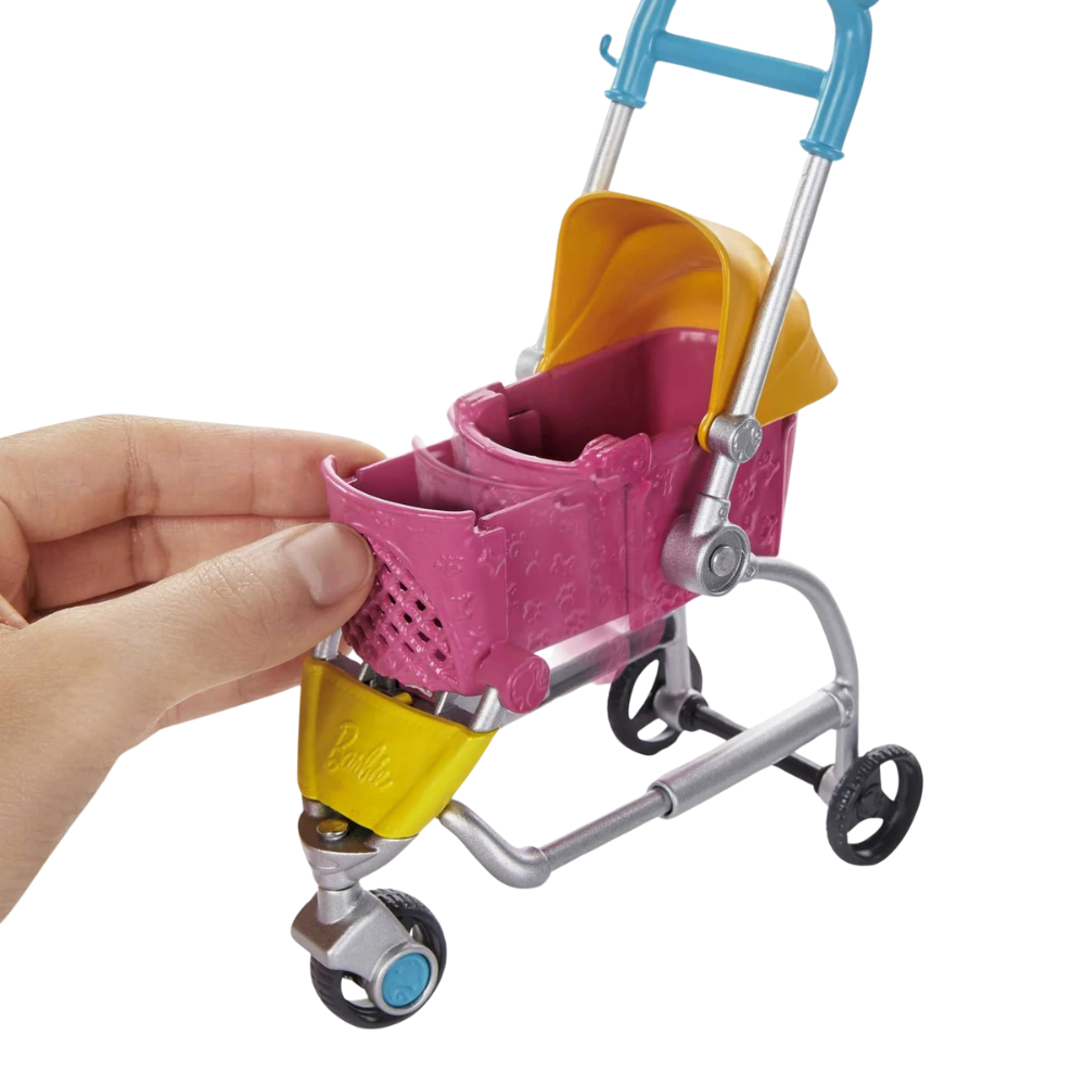 Barbie Stroll and Play Pups Playset with Blonde Barbie Doll 2 Puppies Pet Stroller. Animal lovers can help Barbie doll take her pups on the go with the Barbie Stroll 'n Play Pups playset GHV92 thumbnail