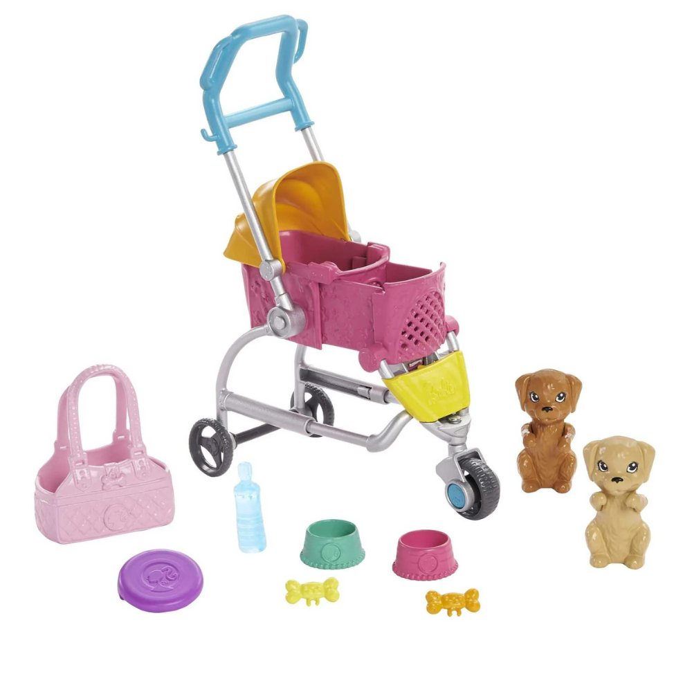 Barbie Stroll and Play Pups Playset with Blonde Barbie Doll 2 Puppies Pet Stroller. Animal lovers can help Barbie doll take her pups on the go with the Barbie Stroll 'n Play Pups playset GHV92 thumbnail
