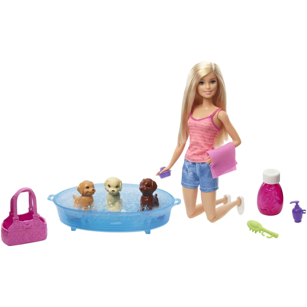 Mattel Barbie Pets & Accessories - Blonde. Barbie has a special love for animals, especially puppies, and she’s caring for three adorable pups that need a bath. GDJ37 thumbnail