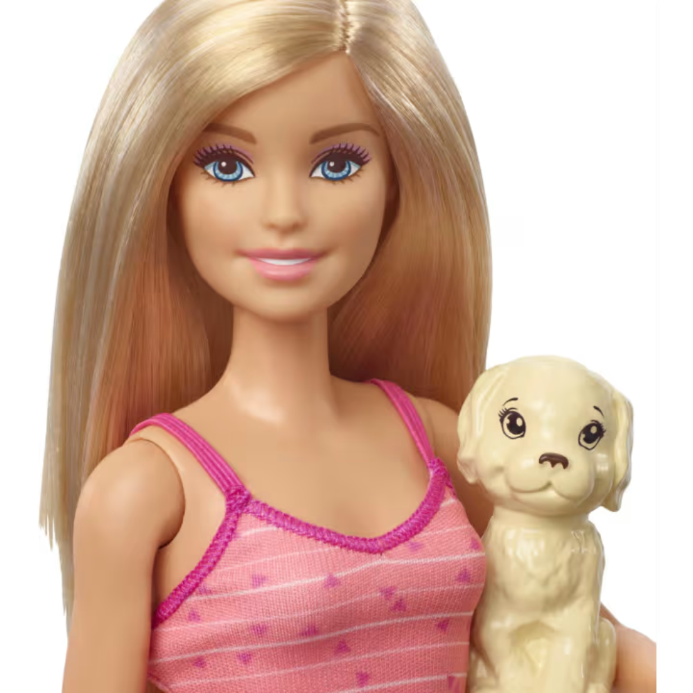 Mattel Barbie Pets & Accessories - Blonde. Barbie has a special love for animals, especially puppies, and she’s caring for three adorable pups that need a bath. GDJ37 thumbnail