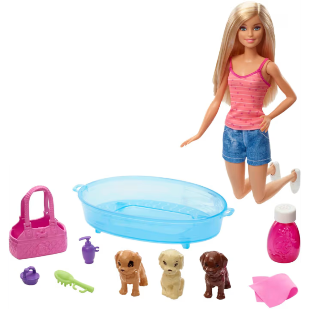 Mattel Barbie Pets & Accessories - Blonde. Barbie has a special love for animals, especially puppies, and she’s caring for three adorable pups that need a bath. GDJ37 thumbnail