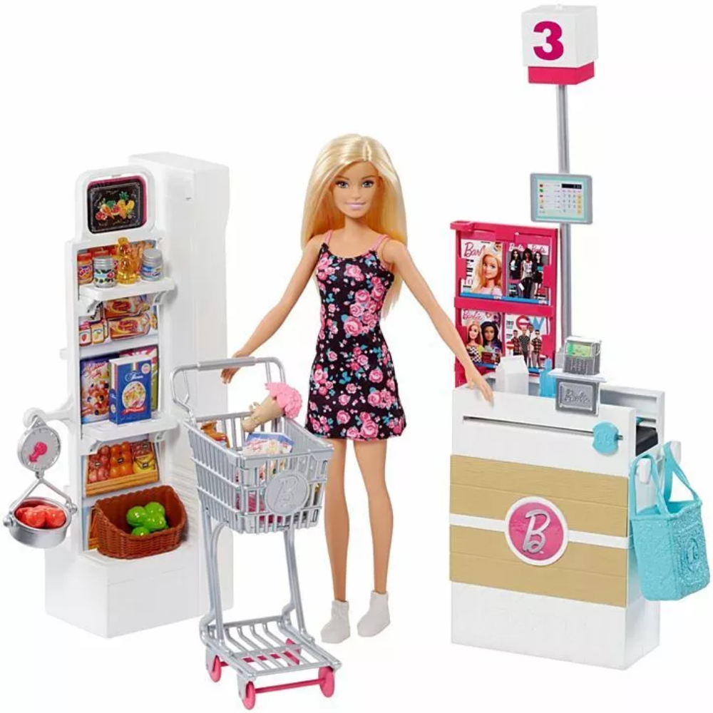 Barbie Supermarket Includes 25 grocery products. This vibrant supermarket playset features lively and interactive elements, sparking imaginative play while offering children a fun way to learn about grocery shopping and nutrition. FRP01 thumbnail