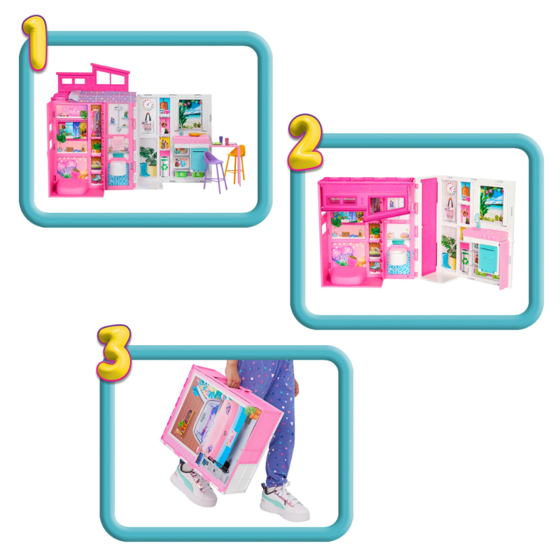 Barbie Getaway House, Doll House Playset with 4 Play Areas and 11 Decor Accessories This adorable, vibrant, and collapsible Barbie dollhouse sparks endless fun and provides the perfect setting for numerous exciting getaway adventures! HRJ76 thumbnail