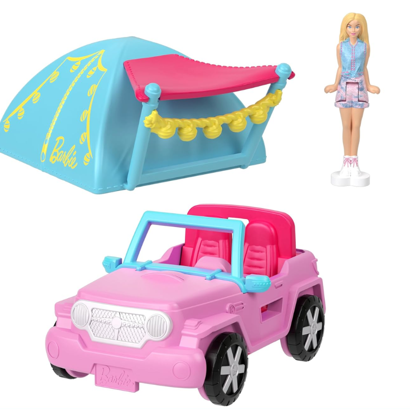 Barbie Mini BarbieLand Playsets with Toy Vehicle & 1.5-inch Doll, SUV.  This tiny version of the iconic Barbie SUV includes a fun color-change feature and a cute tent accessory for outdoor adventures. HYF43 thumbnail