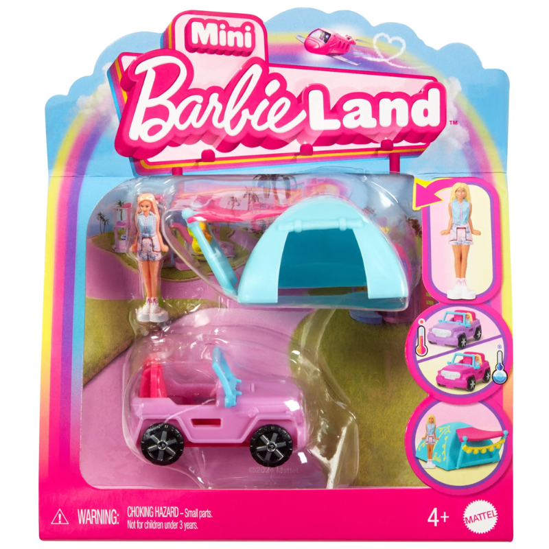 Barbie Mini BarbieLand Playsets with Toy Vehicle & 1.5-inch Doll, SUV.  This tiny version of the iconic Barbie SUV includes a fun color-change feature and a cute tent accessory for outdoor adventures. HYF43 thumbnail
