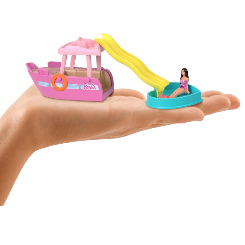 Barbie Mini BarbieLand Playsets with Toy Vehicle & 1.5-inch Doll, Dream Boat. The Dream Boat includes a thrilling color-change feature, adding an interactive element that sparks children's creativity and inspires imaginative storytelling. HYF41 thumbnail