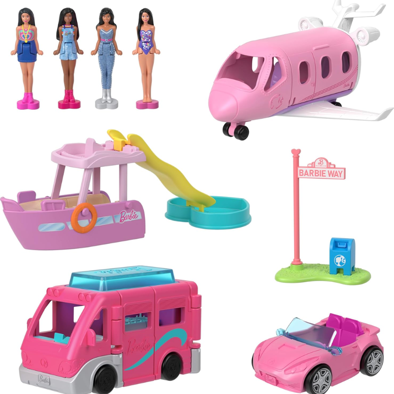 Barbie Mini BarbieLand Multi-Pack Doll & Toy Vehicle Set. Step into the imaginative world of Mini BarbieLand—a place where dreams come alive in miniature! This stylish 4-pack of mini vehicles and dolls is perfect for both play and display. HYF39-40-41-42 thumbnail