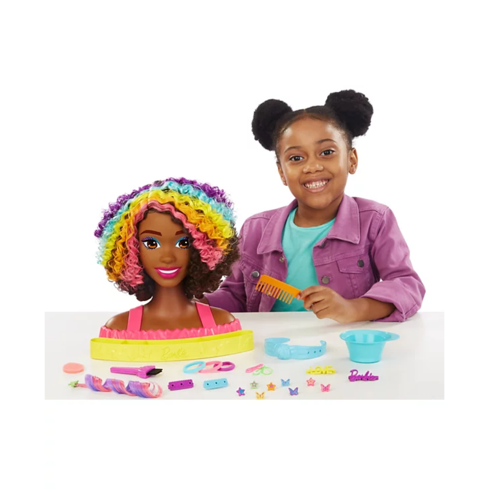 Barbie Totally Hair Styling Doll Head & 20+ Accessories. Barbie Totally Hair Deluxe Styling Heads turn any space into a fun beauty salon! With 22 accessories and ten color-change elements, kids can design endless creative hairstyles. HMD79 thumbnail