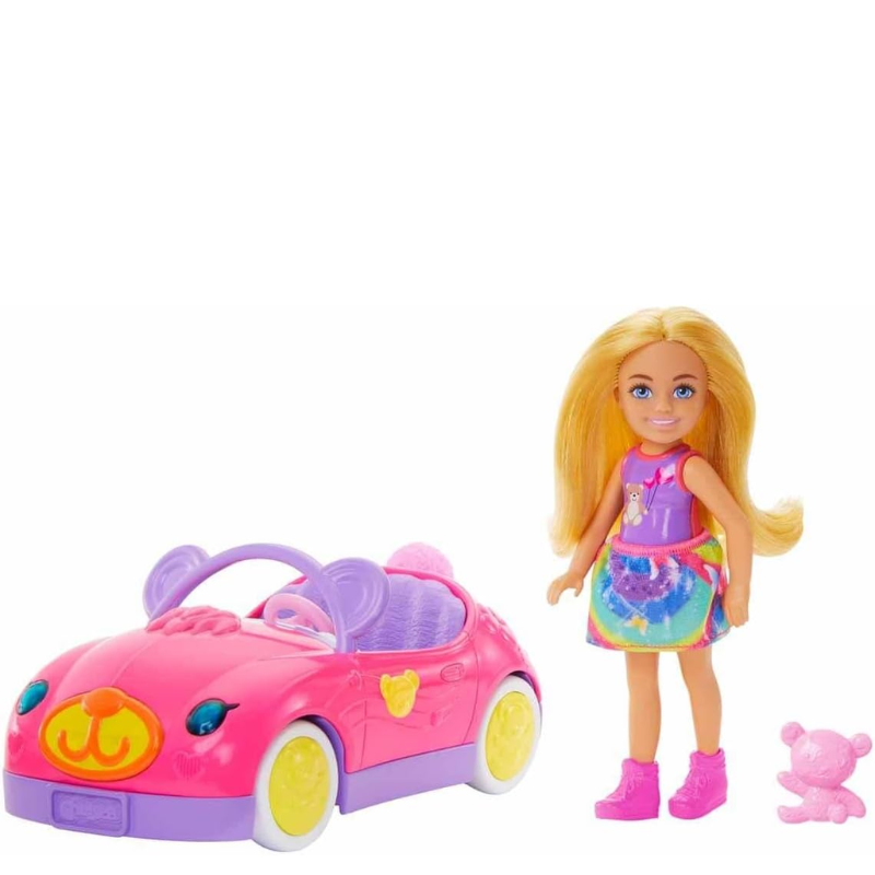 Barbie Chelsea Toy Car Set with Bear-Themed Convertible & Teddy Bear Accessory. Take a ride with Chelsea doll and her teddy bear in their cute convertible! HXN05 thumbnail