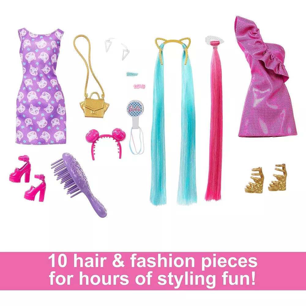 Barbie Fun & Fancy Hair Doll with Extra-Long Colorful Blonde Hair and Glossy Pink Dress for Creative Play thumbnail