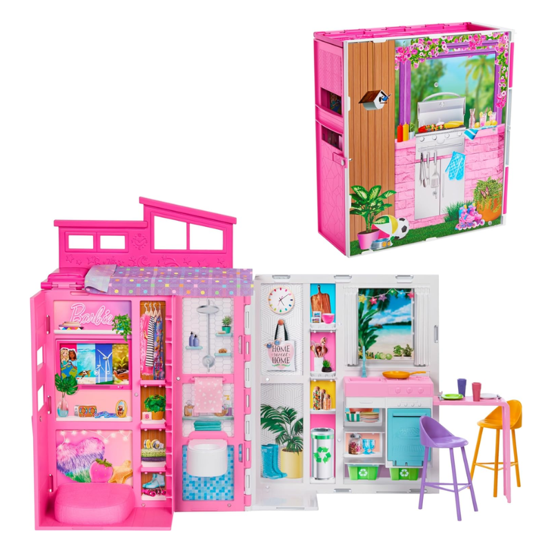 Barbie Getaway House, Doll House Playset with 4 Play Areas and 11 Decor Accessories This adorable, vibrant, and collapsible Barbie dollhouse sparks endless fun and provides the perfect setting for numerous exciting getaway adventures! HRJ76 thumbnail