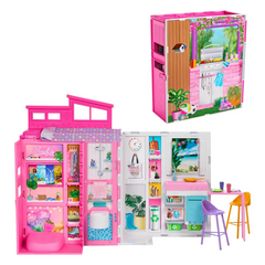 Barbie Getaway House, Doll House Playset with 4 Play Areas and 11 Decor Accessories This adorable, vibrant, and collapsible Barbie dollhouse sparks endless fun and provides the perfect setting for numerous exciting getaway adventures! HRJ76