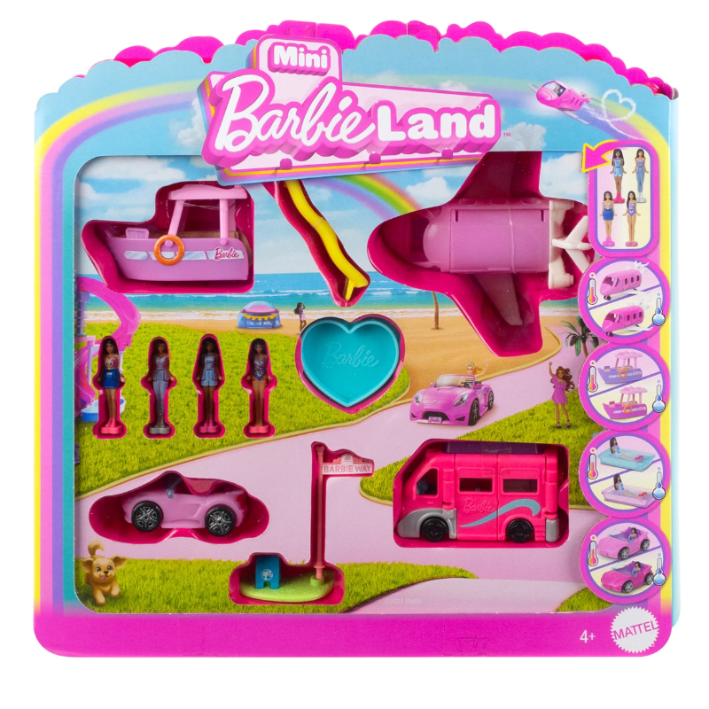 Barbie Mini BarbieLand Multi-Pack Doll & Toy Vehicle Set. Step into the imaginative world of Mini BarbieLand—a place where dreams come alive in miniature! This stylish 4-pack of mini vehicles and dolls is perfect for both play and display. HYF39-40-41-42 thumbnail