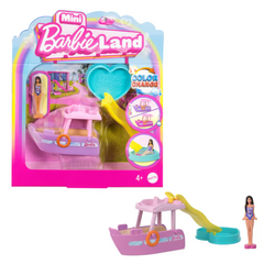 Barbie Mini BarbieLand Playsets with Toy Vehicle & 1.5-inch Doll, Dream Boat. The Dream Boat includes a thrilling color-change feature, adding an interactive element that sparks children's creativity and inspires imaginative storytelling. HYF41