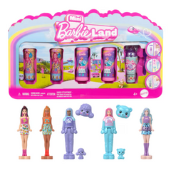 Barbie Mini BarbieLand Pop Reveal 5-Pack, 1.5-Inch Mini Dolls with Surprise Color Reveal and Sensory Play Element. This playful and unique series offers a sensory unboxing experience that will thrill Barbie fans. JCR08X2-JCR15X2-JCR22X1
