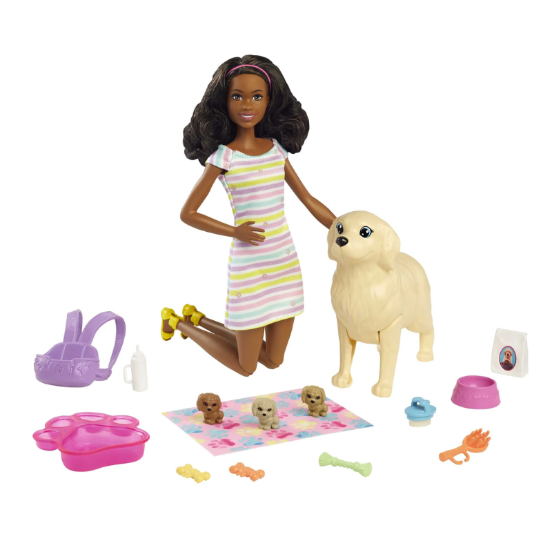 Barbie Pets Doll & Newborn Pups Playset with Mom Dog, 3 Color-Change Puppies & Accessories, Brunette