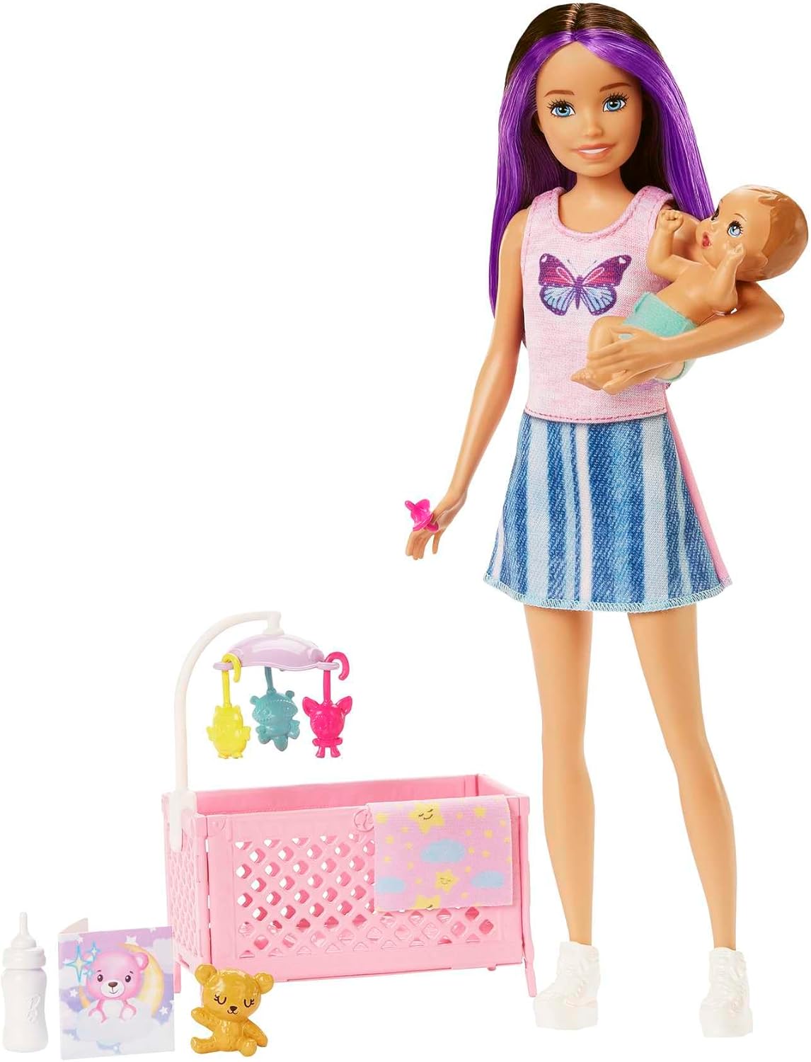 Barbie Skipper Babysitters Playset with Skipper Doll, Baby Doll with Sleepy Eyes, Crib & Accessories for Imaginative Play