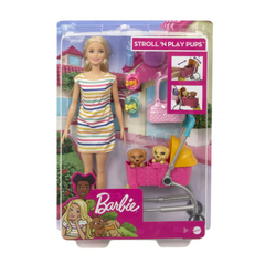 Barbie Stroll and Play Pups Playset with Blonde Barbie Doll 2 Puppies Pet Stroller. Animal lovers can help Barbie doll take her pups on the go with the Barbie Stroll 'n Play Pups playset GHV92