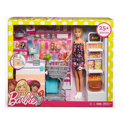 Barbie Supermarket Includes 25 grocery products. This vibrant supermarket playset features lively and interactive elements, sparking imaginative play while offering children a fun way to learn about grocery shopping and nutrition. FRP01