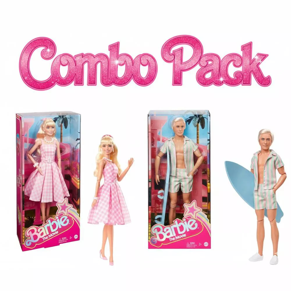 Barbie The Movie Doll 2-Pack – Barbie in Pink Gingham Dress & Ken in Pastel Beach Outfit with Surfboard, Movie-Inspired Fashion Dolls