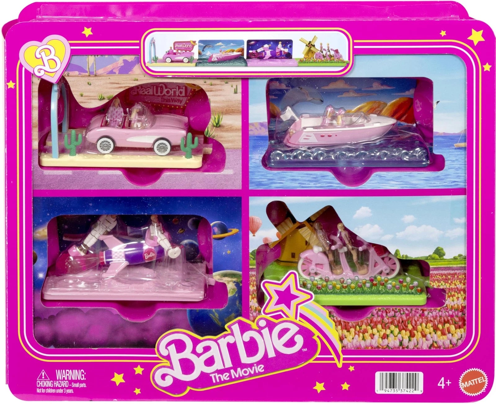 Barbie Mini BarbieLand The Movie Vehicle Collection, Includes 8 1.5-inch Dolls & 4 Vehicles Inspired by The Film