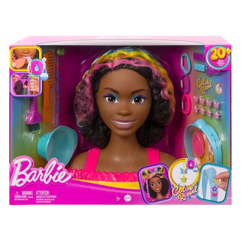 Barbie Totally Hair Styling Doll Head & 20+ Accessories. Barbie Totally Hair Deluxe Styling Heads turn any space into a fun beauty salon! With 22 accessories and ten color-change elements, kids can design endless creative hairstyles. HMD79 thumbnail