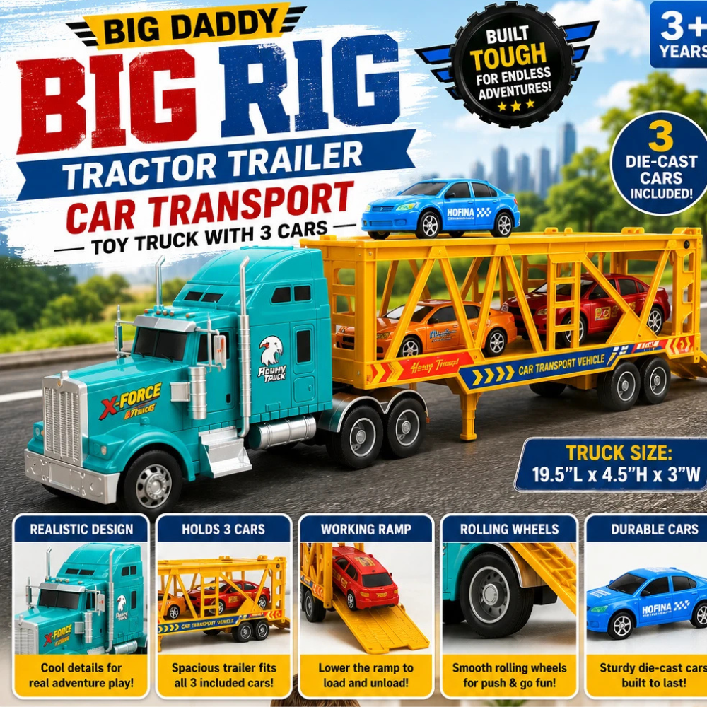 Big Daddy Car Transporter Tractor Trailer Toy with 3 Cars thumbnail