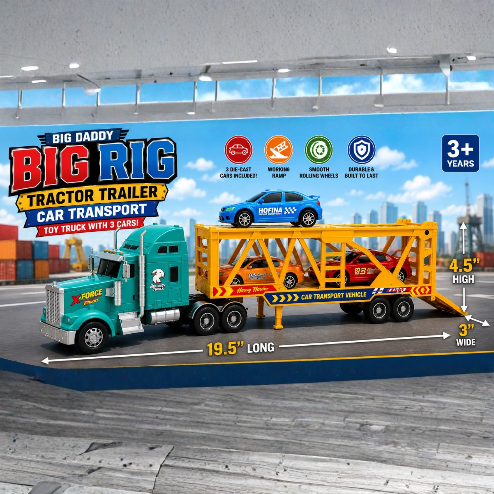 Big Daddy Car Transporter Tractor Trailer Toy with 3 Cars thumbnail