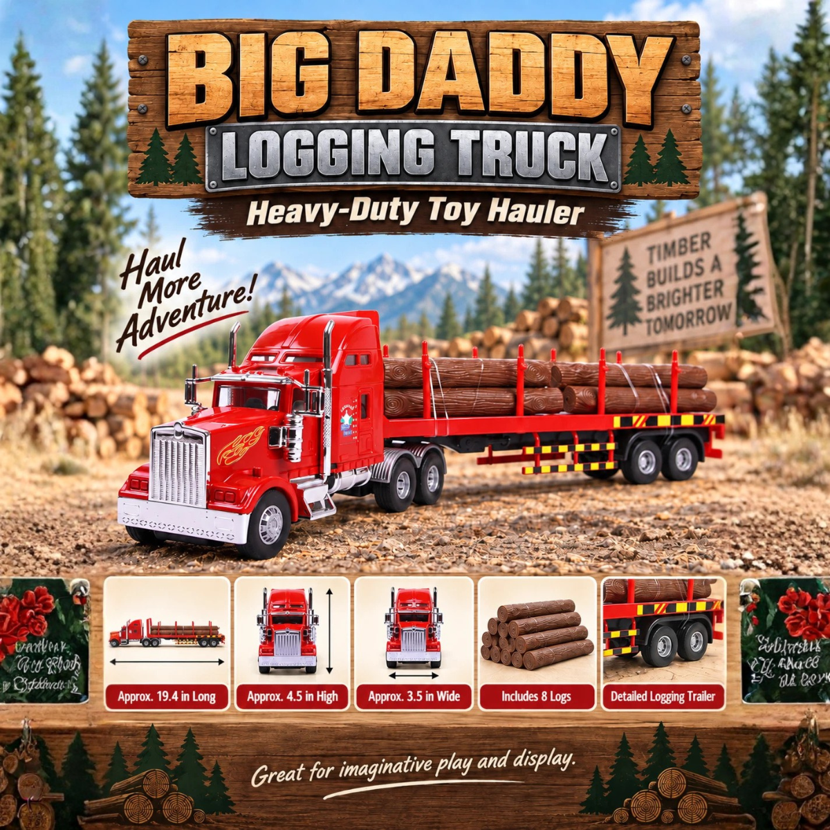 Big Daddy Logging Truck Tractor Trailer Toy 19.4