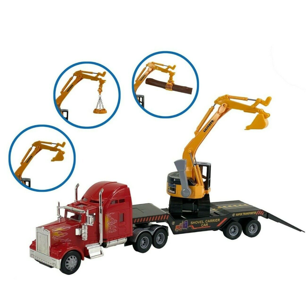 Big Rig Heavy Duty Tractor Trailer Transport Series Flatbed with Excavator Inc. The Big-Daddy Heavy Duty Big Rig Series features a rugged tractor trailer designed for transporting large loads, offering easy use and safety for kids of all ages.  DB-32424