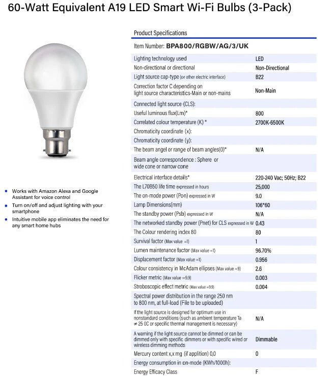 FEIT Colour-Changing Smart LED Bulb — 3-Pack, Wi-Fi, E27 & B22 Bases, RGB + Tunable White thumbnail