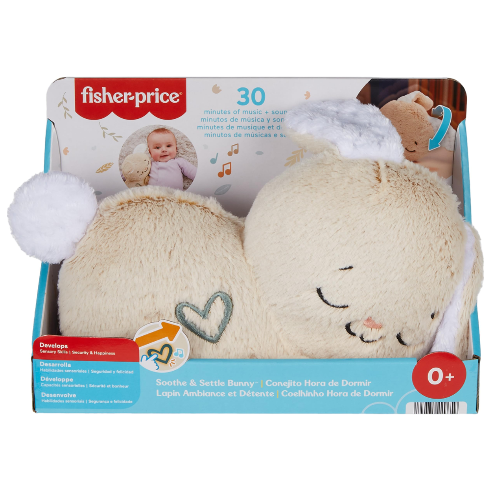 Fisher-Price Baby Sound Machine Soothe & Settle Bunny Portable Plush Toy. A cuddly plush bunny sound machine featuring gentle head-nodding motion, soothing music, calming sounds, and a soft glow to help comfort and relax your baby. HXG97 thumbnail