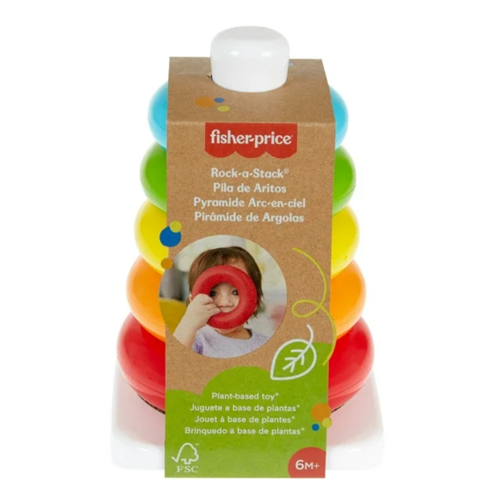 Fisher-Price Rock-a-Stack Ring Stacking Toy for Infants, Made with Plant-Based Materials. The stacking rings are designed to support fine motor development and hand-eye coordination, turning playtime into a valuable learning experience. GRF09