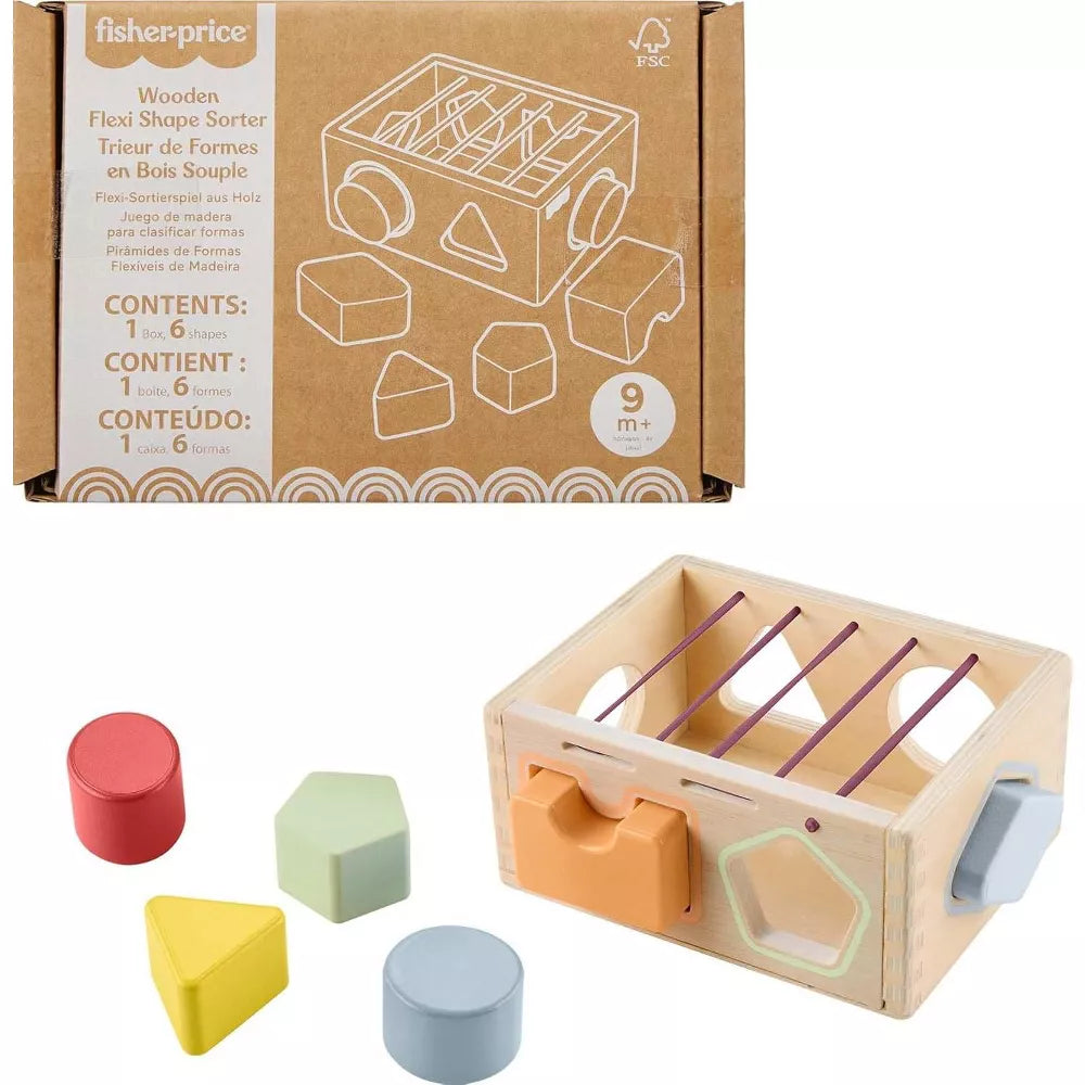 Fisher-Price Wood Flexi Shape Sorter Wooden Toy with 7 Pieces