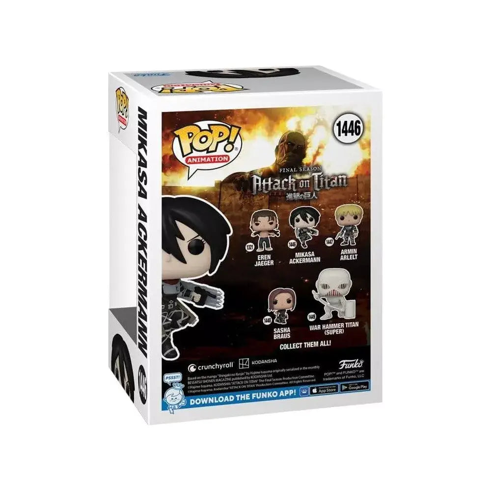 Funko Pop! Animation: Attack on Titan - Mikasa Ackermann. Standing about 3.75 inches tall, this vinyl figure portrays Mikasa in her iconic Scout Regiment outfit, complete with the distinctive green cape featuring the Wings of Freedom emblem.  F-67929 thumbnail