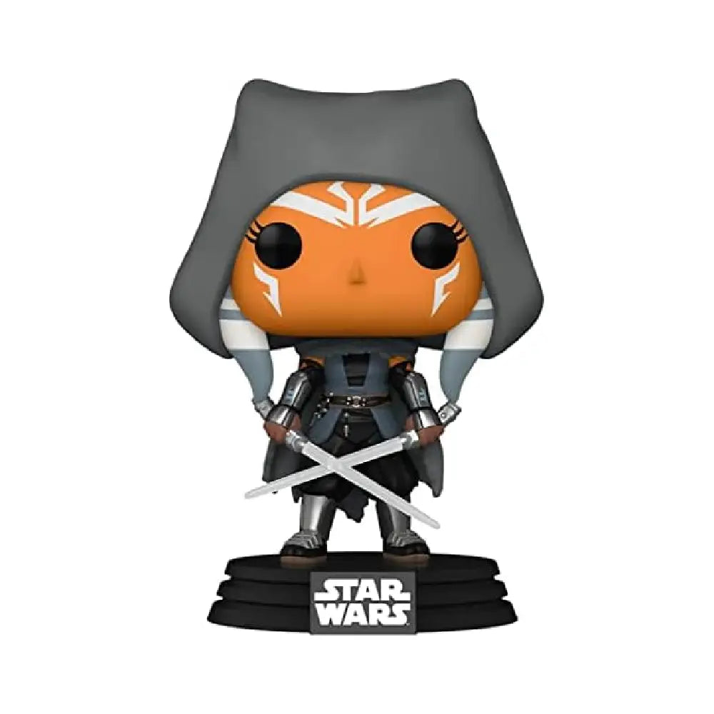 Funko Pop! Star Wars: The Mandalorian - Hooded Ahsoka with Dual Sabers. This exclusive figure features Ahsoka Tano, the iconic former Jedi Knight, depicted in her signature hooded look from the show. F-58285 thumbnail
