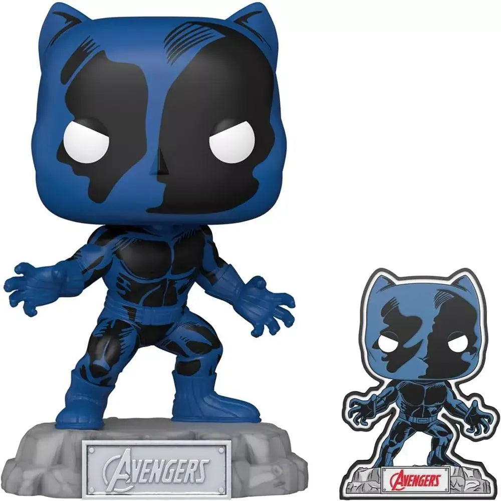 Funko Pop! & Pin: The Avengers: - 60th Anniversary, Black Panther with Pin Exclusive. This special set features a Funko Pop! vinyl figure of Black Panther alongside a commemorative pin, making it a prized item for Marvel fans and collectors. F-70125 thumbnail